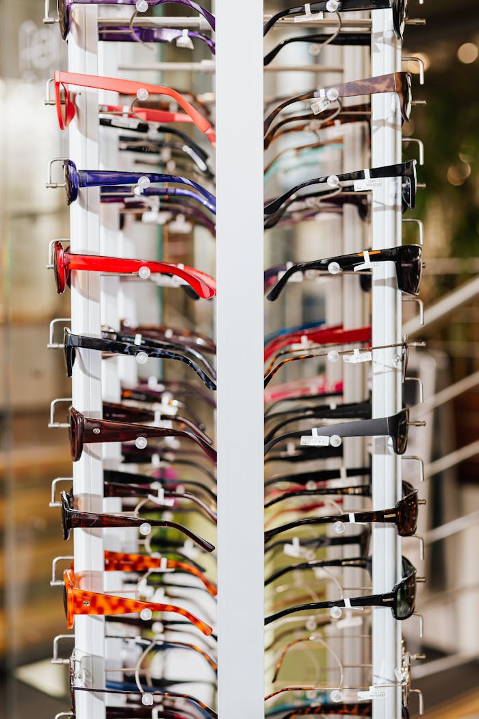 Vibrant array of eyeglasses on a display rack in a modern optical store.