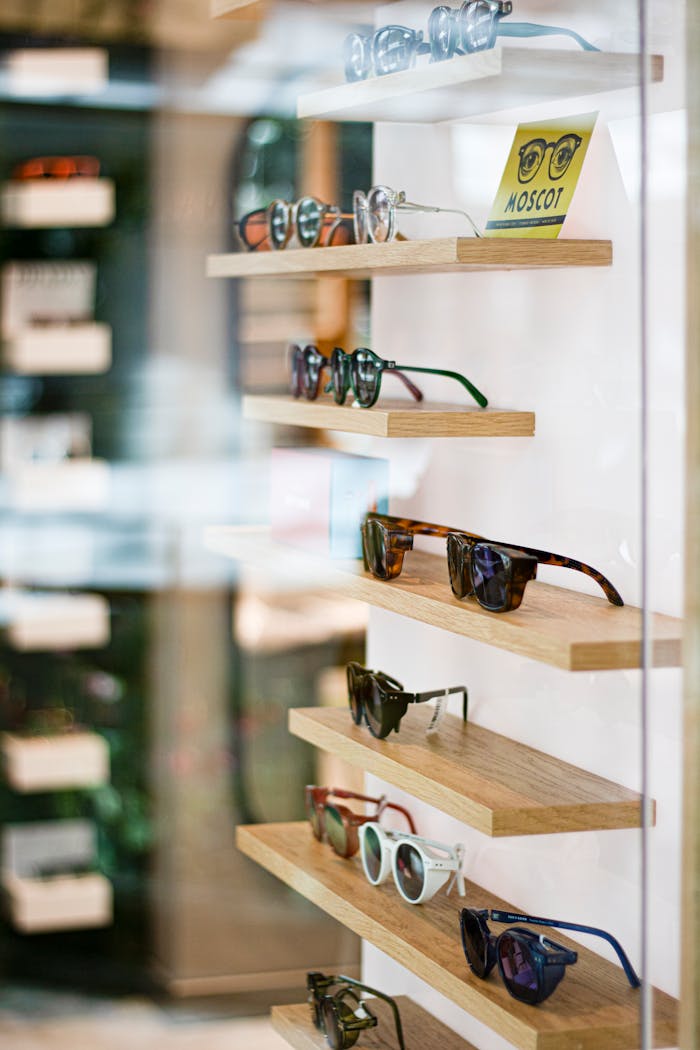 A modern display of various sunglasses on wooden shelves in an eyewear store.